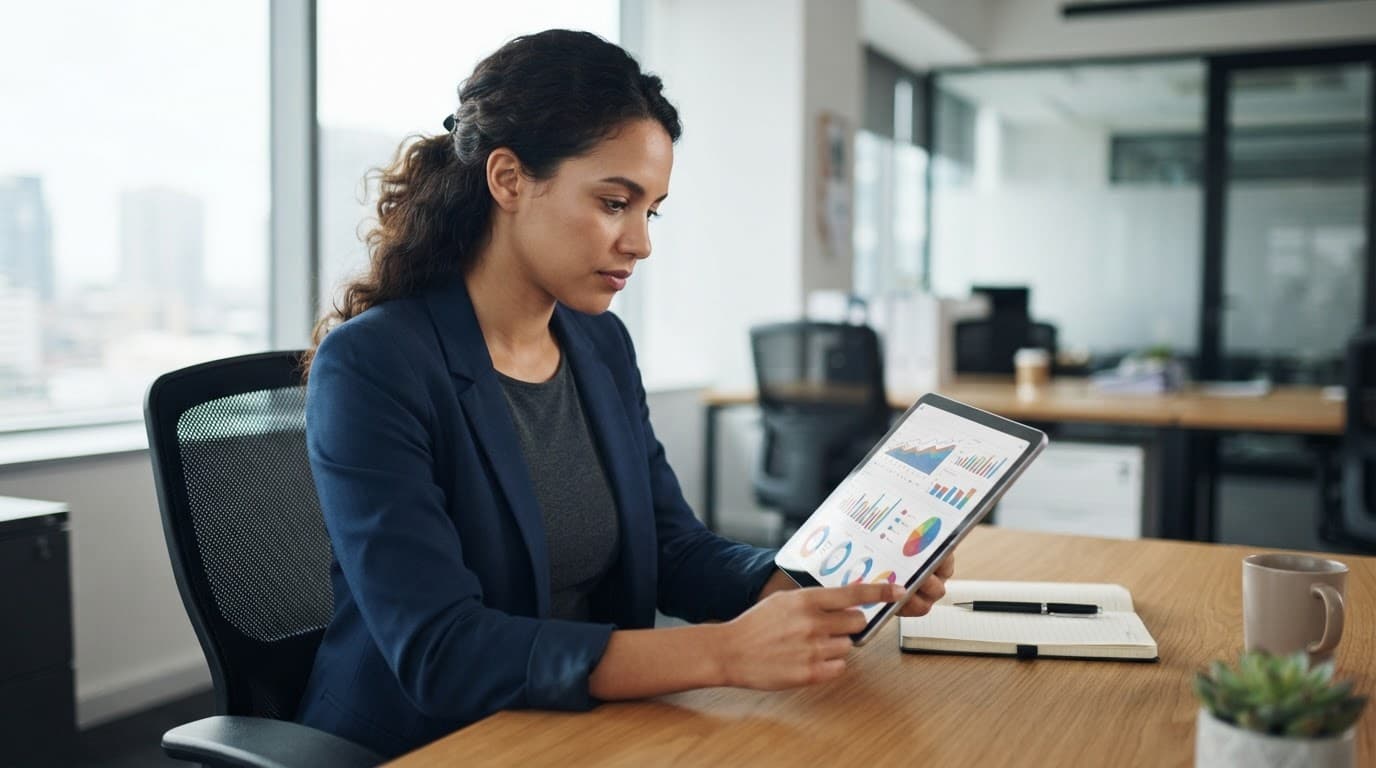 A person reviews analytics charts on a tablet at an office desk.