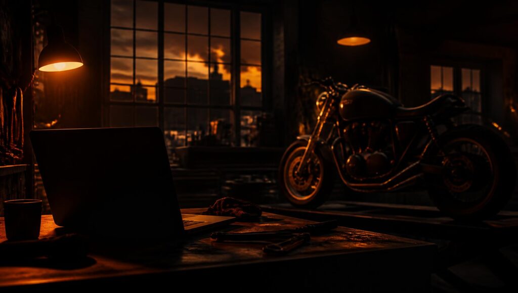 A workbench and motorcycle lit by warm ember light at dusk
