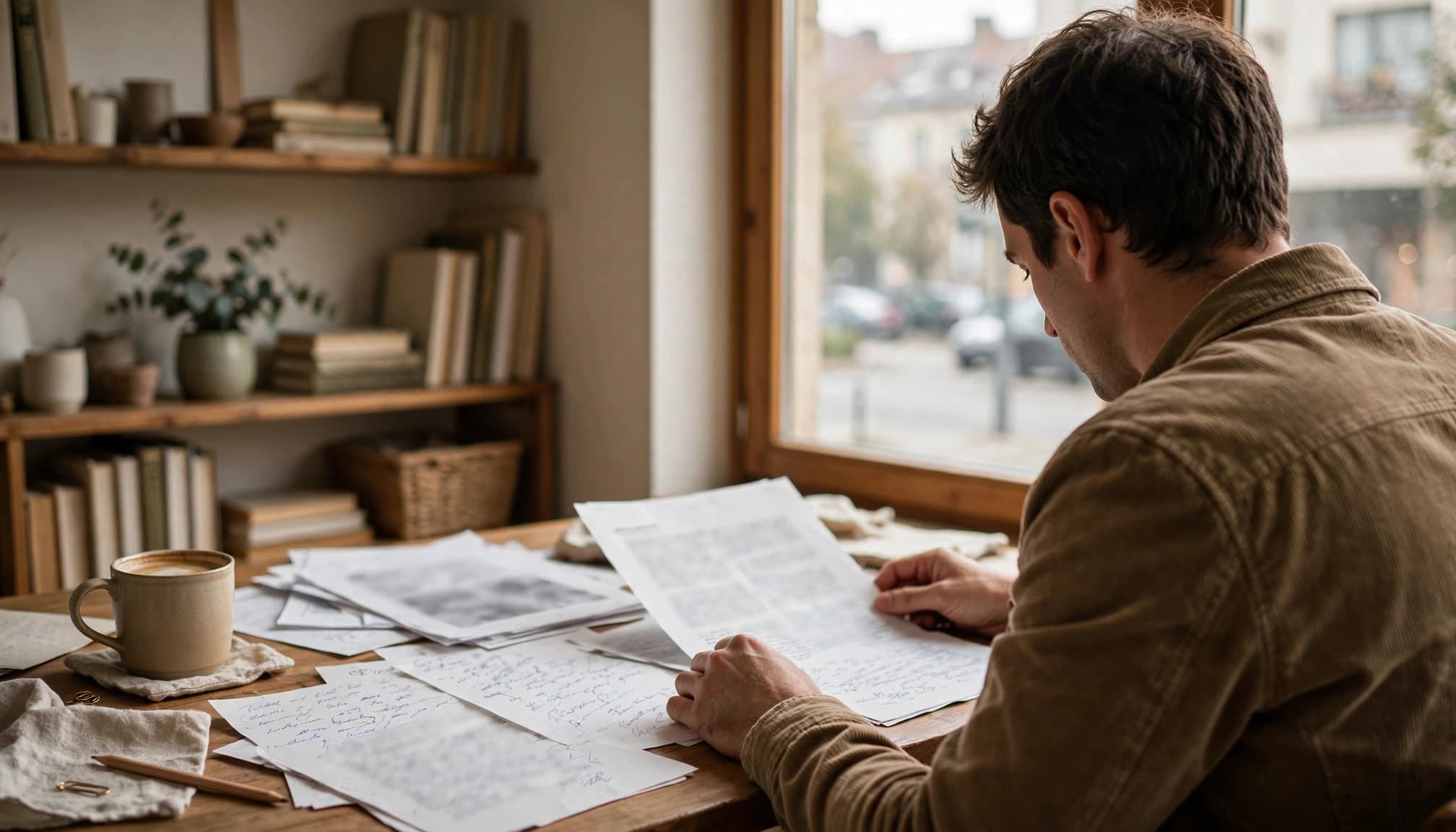An agency owner reviews papers and notes beside coffee in a sunlit studio.