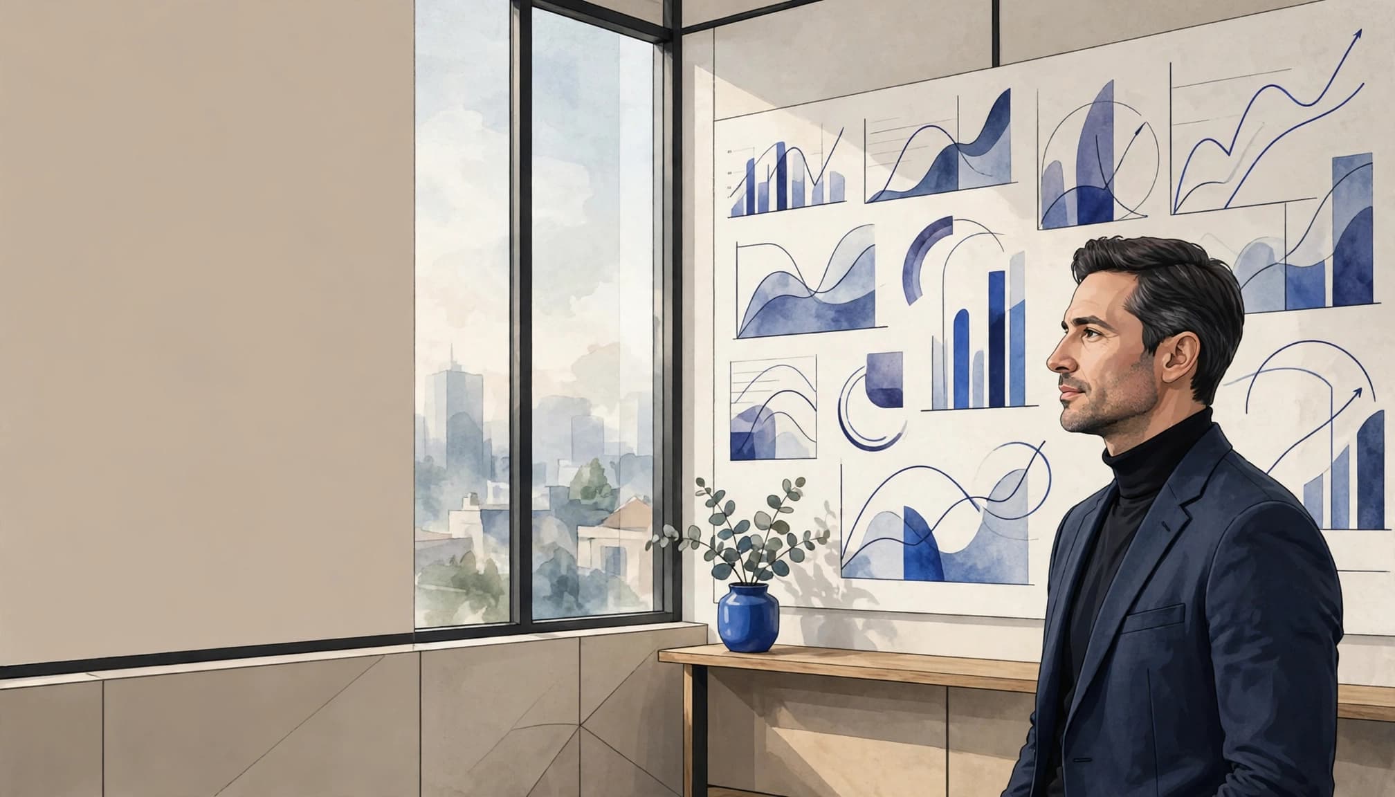Business leader reviewing abstract economic charts in a modern office.