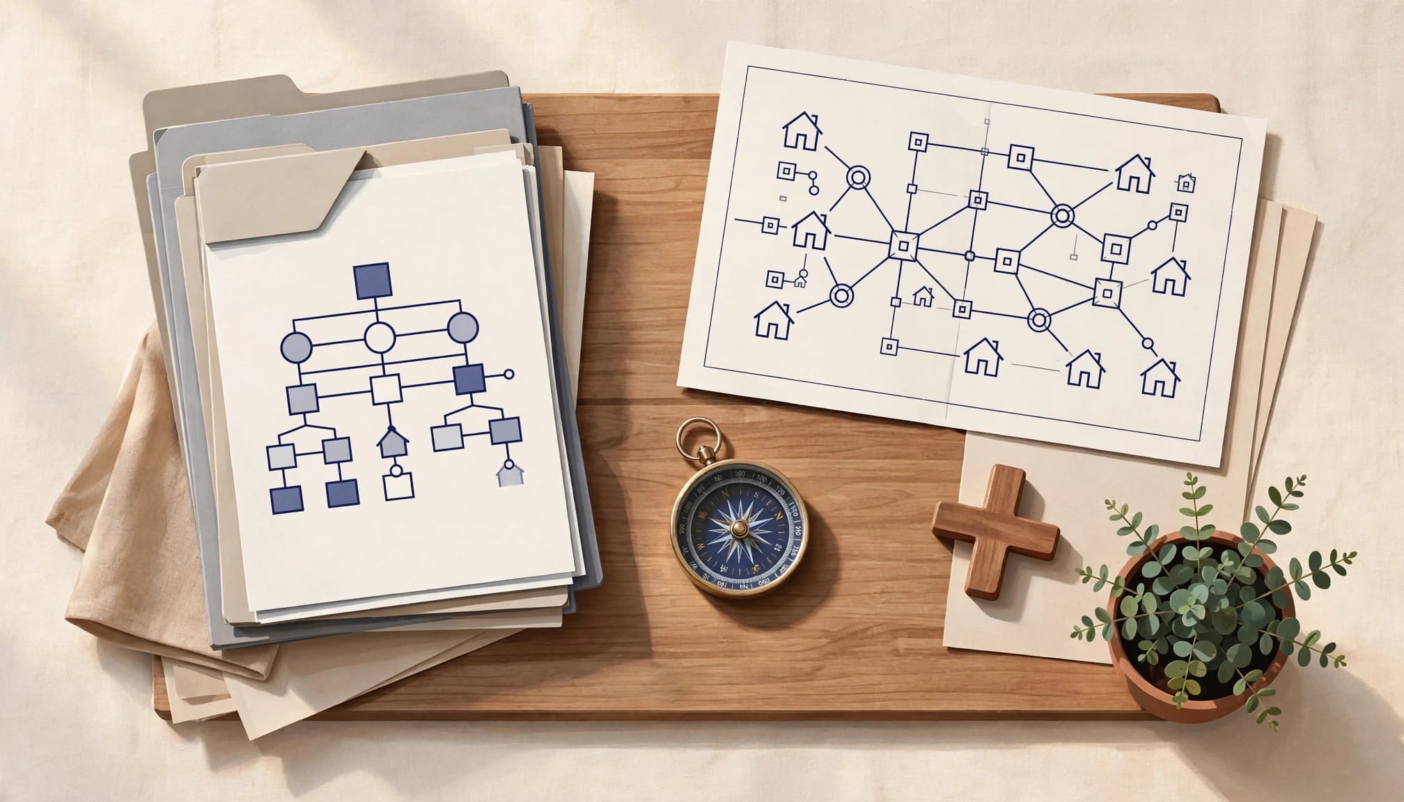 Table with governance papers, connected entities diagram, compass, cross, and a small plant.