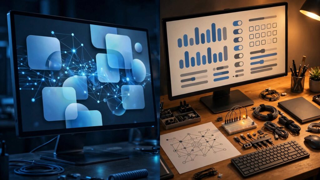 A polished webpage appears beside a developer’s desk with diagrams, testing tools, and cables.