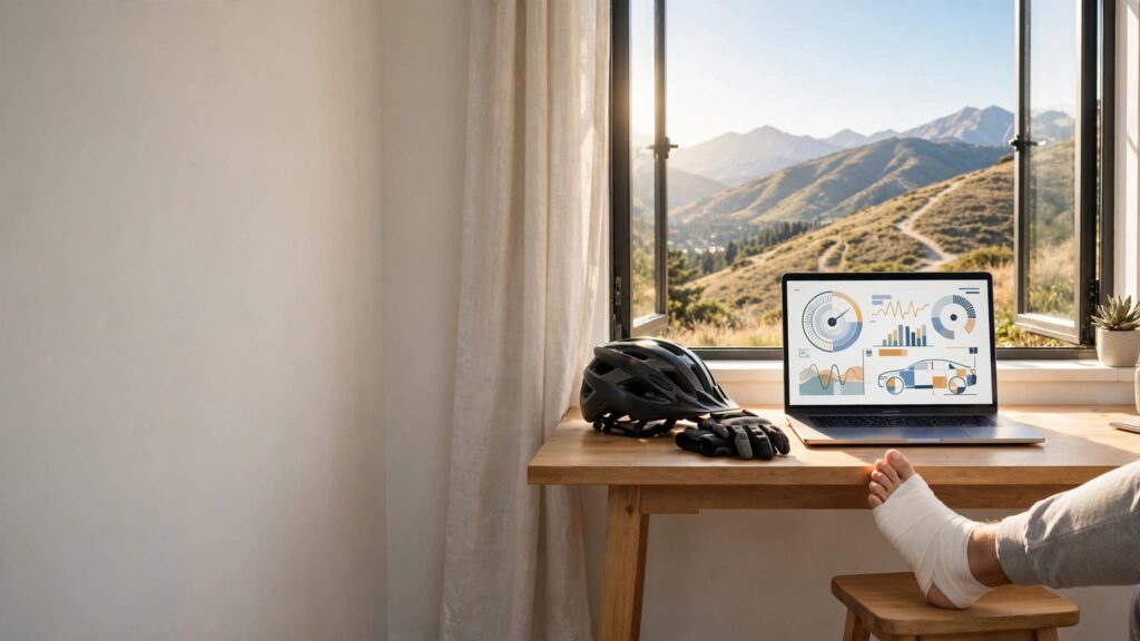 A sunny workspace with a laptop, bike gear, bandaged foot, and mountain view.