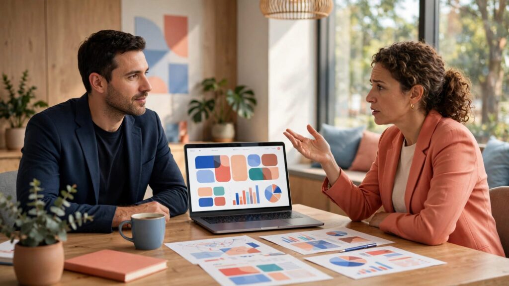 An agency strategist and client discuss a colorful website interface in a bright meeting room.