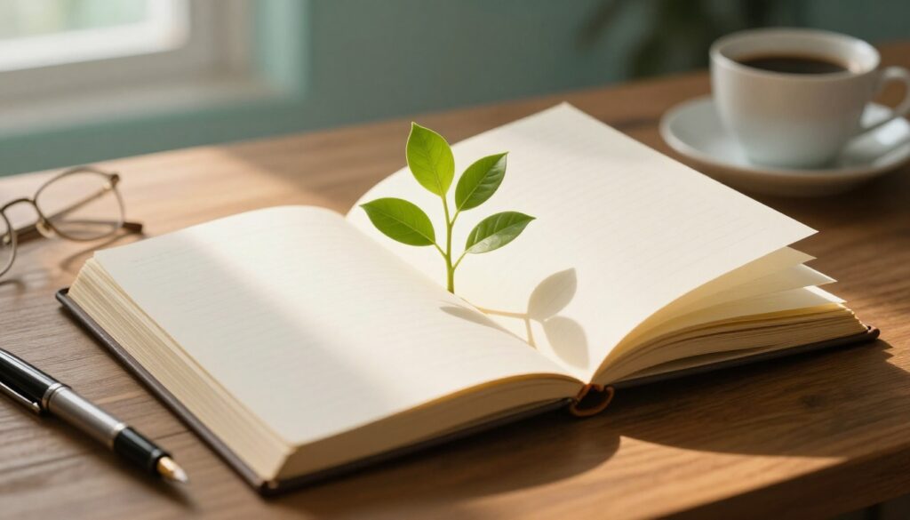 An open old journal with a green plant, pen, glasses, and coffee on a wooden desk.