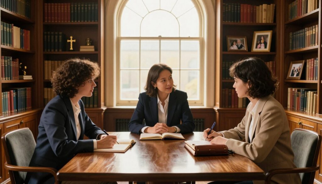 A mentor and student discuss notes at a wooden table in a sunlit study.