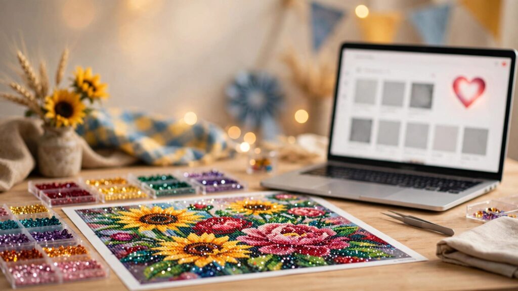 Diamond artwork, colorful resin gems, and a laptop with a heart icon sit on a craft desk.