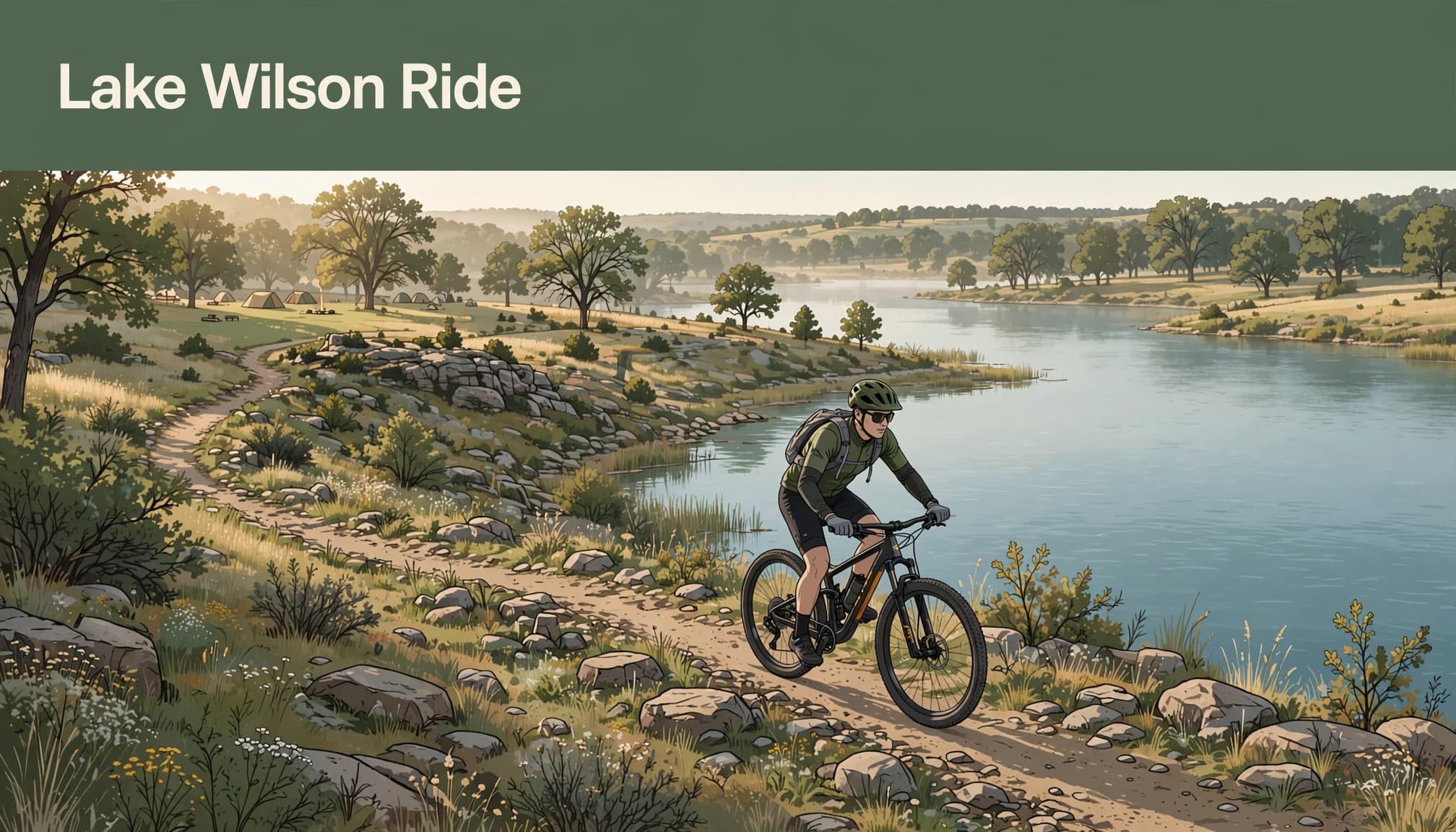 An illustration of a mountain biker on a trail by a lake with a headline reading Lake Wilson Ride.