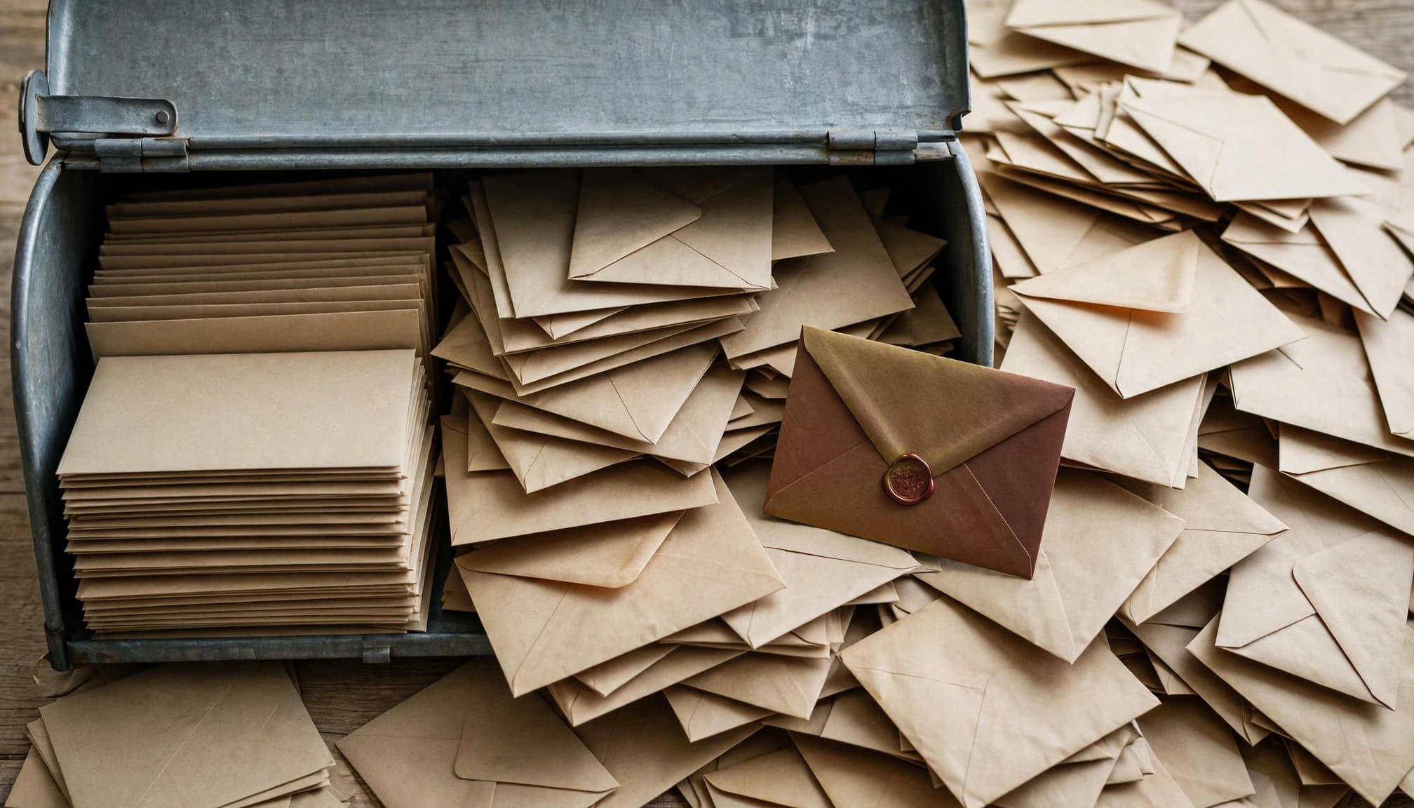 An open mailbox separates neatly stacked envelopes from a crowded pile, with one envelope standing out.