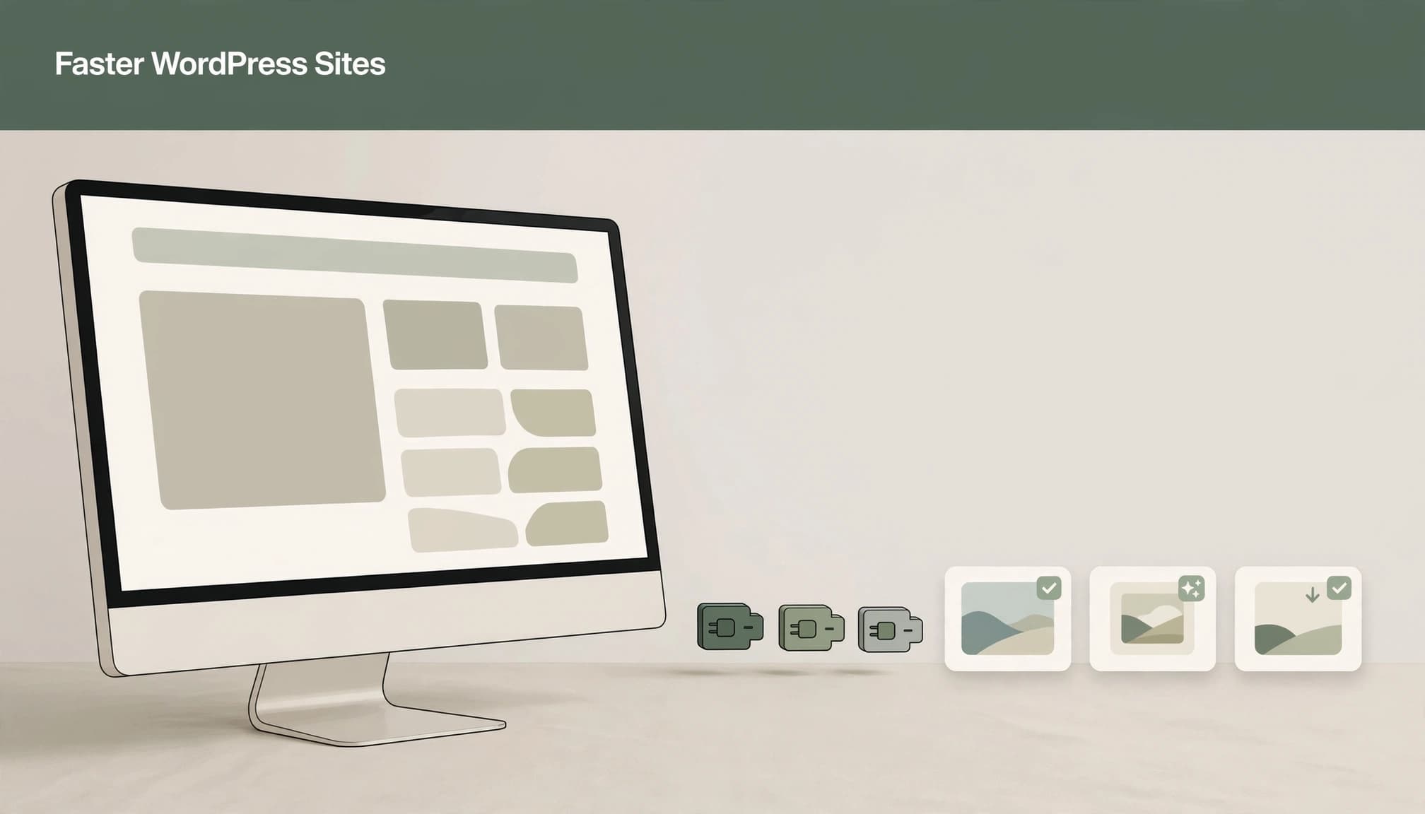 A desktop monitor showing a webpage wireframe, with plugins and thumbnails nearby, and text reading Faster WordPress Sites.